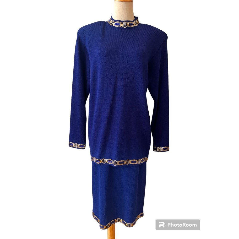 St. John Evening Royal Blue Santana Knit Skirt Set Gold Beading Midi Size 12